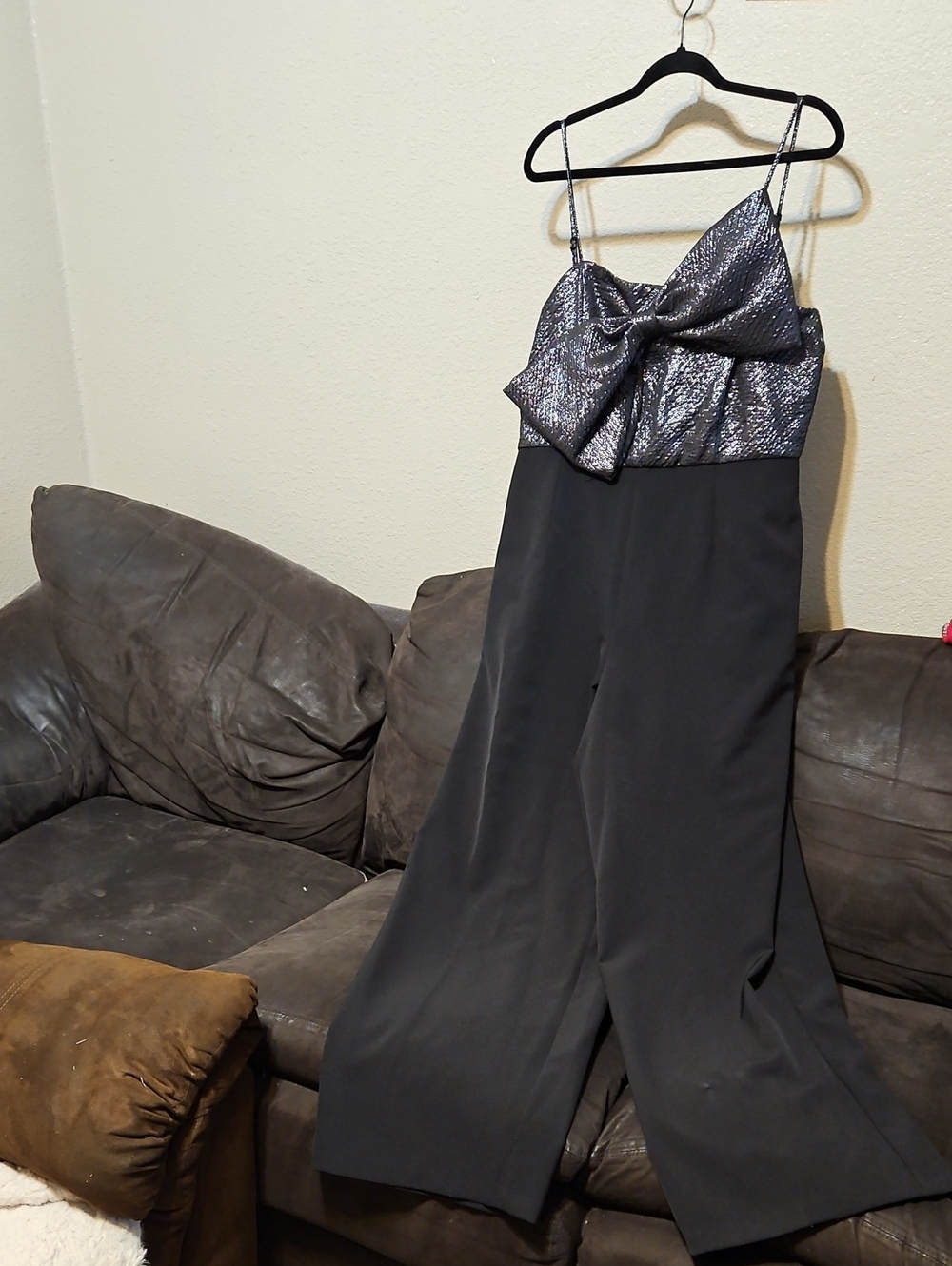 Anne Klein Black Wide-Leg Jumpsuit with Silver Metallic Bodice